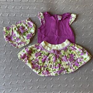 EUC Savannah Baby Girl 3pc Skirt Set, Magenta & Yellow Flower Garden, 12 Months